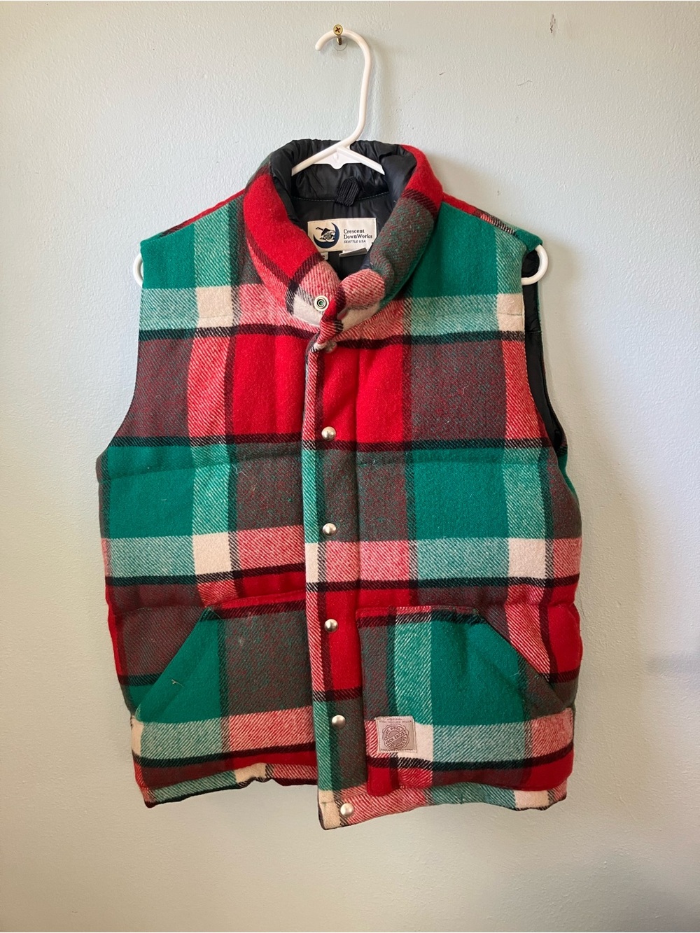 Crescent Down Works Men’s Red & Green Plaid Quilted Vest